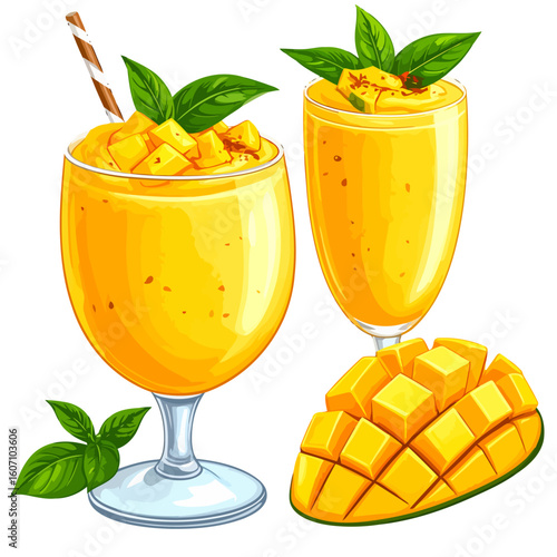 Illustrated mango smoothies in glasses, garnished with fresh fruit chunks, mint leaves, and a sliced mango half.