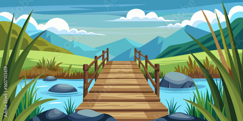 Stunning mountain landscape with wooden bridge over river, peaceful scenic vista for nature lovers and outdoor adventures