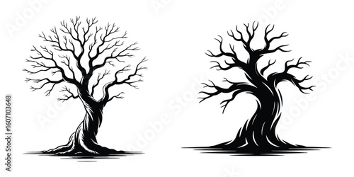 Monochrome Drawing of a Leafless Tree with a Thick Trunk and Roots
