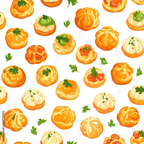 Delicious savory profiteroles with assorted fillings and parsley garnish in a seamless pattern.
