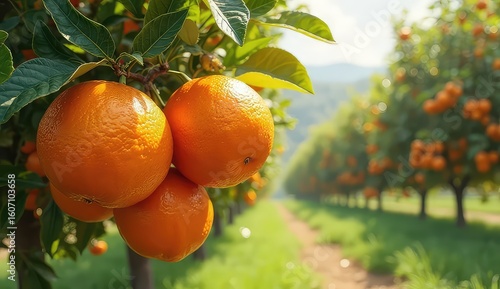 Close up view of ripe oranges hanging on a tree in an orchard on a sunny day with a path in the background