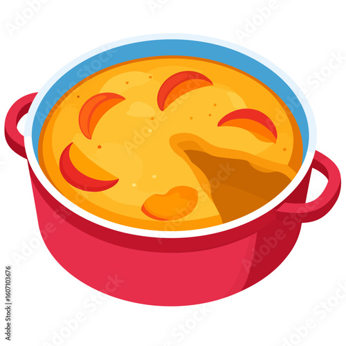 Stylized peach cobbler dessert with a missing slice, served in a vibrant red pot with a blue rim.