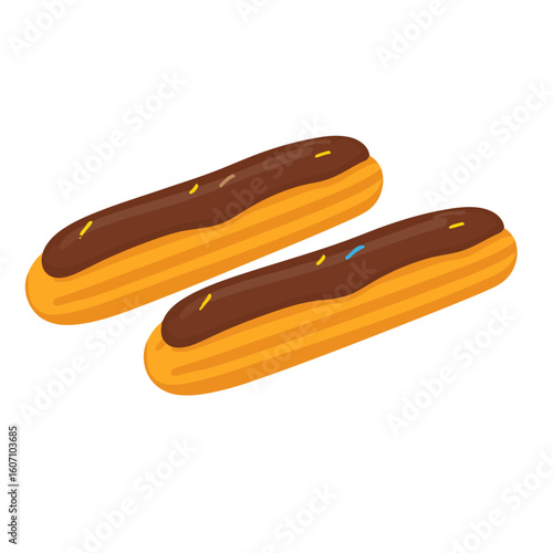 Two golden choux pastry eclairs with a smooth chocolate glaze and colorful sprinkles.