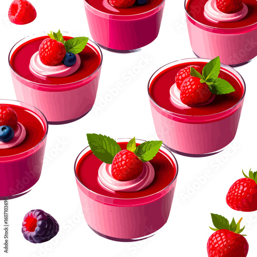 Vibrant raspberry panna cotta desserts in glass cups, garnished with fresh berries and mint.