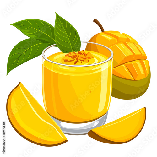 Vibrant cartoon illustration of a fresh mango smoothie in a glass, with diced fruit, slices, and green leaves.