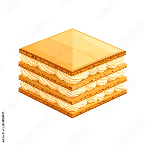 Square layered Napoleon cake with crispy puff pastry and piped vanilla cream filling.