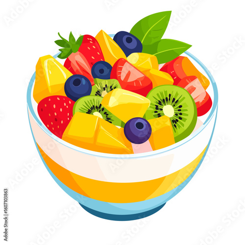 Vibrant fruit salad in a glass bowl with fresh strawberries, kiwi, mango, and blueberries.