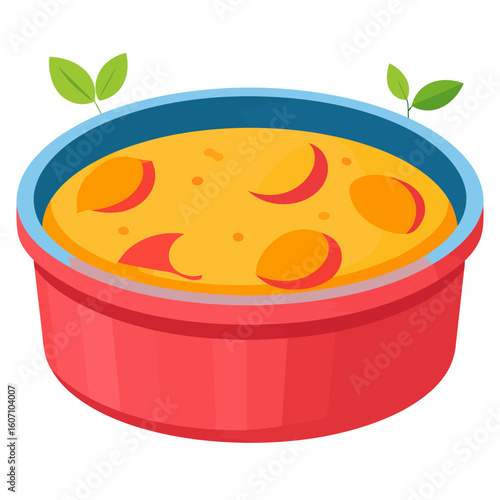 A vibrant red bowl of creamy yellow fruit soup, garnished with green leaves, in a flat isometric style.
