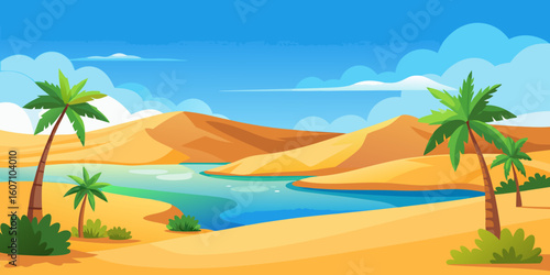 Serene desert oasis with palm trees and sand dunes, perfect for travel and adventure themes