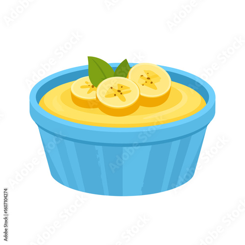A vibrant cartoon illustration of creamy banana pudding in a blue bowl, garnished with fresh banana slices and green mint leaves.