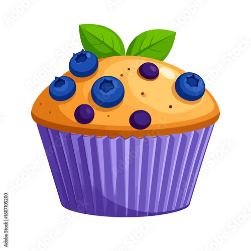 Delicious cartoon blueberry muffin with fresh berries and mint leaves in a purple liner.