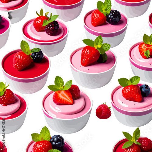 Colorful berry mousse desserts in white bowls, topped with fresh strawberries, blackberries, and mint leaves.