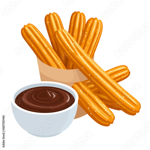 Golden-fried churros with sugar in a paper cone, served with a bowl of rich chocolate dipping sauce.
