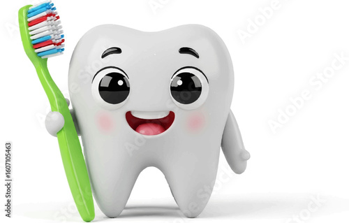 Cute Cartoon Tooth Holding Toothbrush on White Background