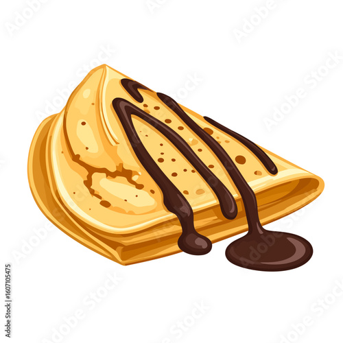 A delicious golden-brown folded crepe, drizzled with rich, dripping chocolate sauce.