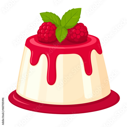 Creamy panna cotta dessert with dripping raspberry sauce, fresh berries, and mint.