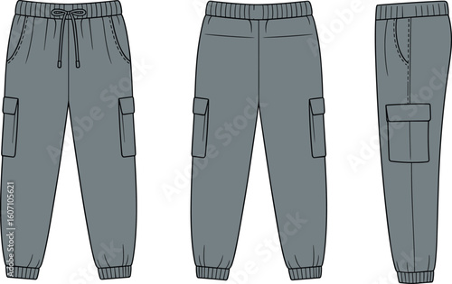 Men’s cargo joggers with drawstring waist and ribbed ankle cuffs – flat vector fashion CAD technical sketch