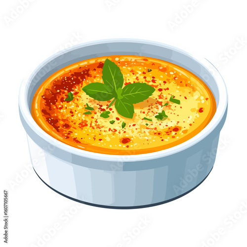 Golden baked souffl? in a white ceramic ramekin, garnished with fresh basil and spices.