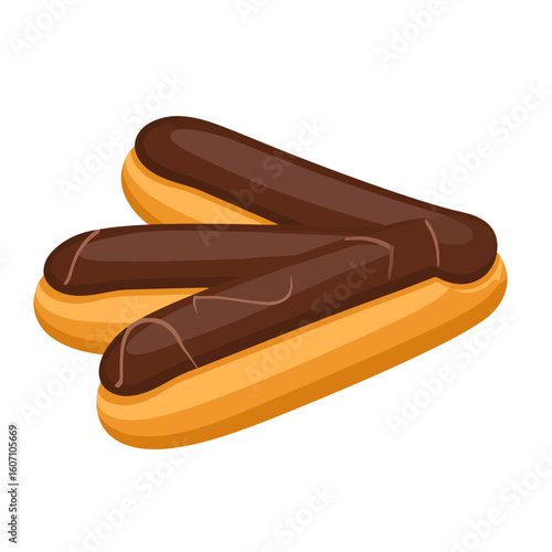 Two delicious chocolate eclairs with a shiny, smooth ganache topping. A classic French pastry vector illustration.