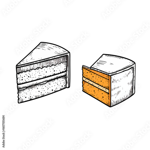 Hand-drawn layered cake slices in a vintage sketch style, one monochrome and one colored.