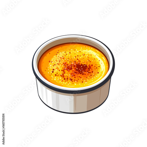 Classic cr?me br?l?e dessert with a golden caramelized sugar crust in a white ceramic ramekin.