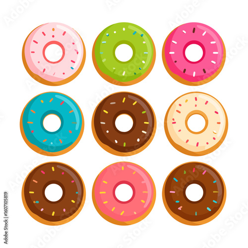 Collection of nine colorful glazed donuts with sprinkles. Flat design sweet pastry assortment.