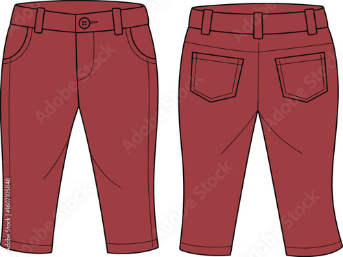 Capri kids pants flat CAD vector with button waistband, front pockets, back patch pockets, summer style technical illustration
