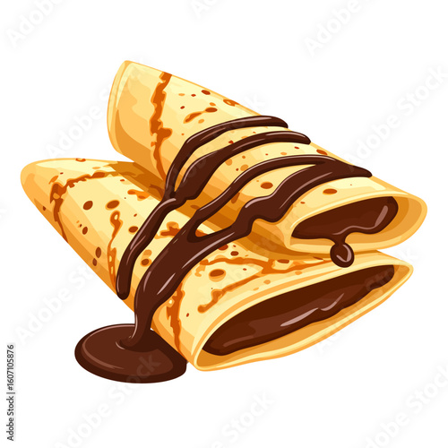 Two golden crepes rolled with chocolate filling and drizzled with glossy dark chocolate sauce illustration.
