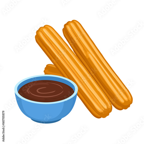 Golden-brown ridged churro sticks with a rich chocolate dipping sauce in a light blue bowl.
