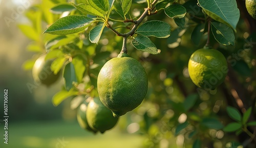 Close up of green unripe fruits hanging on a tree branch with lush green leaves in the background