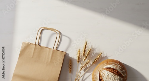 Rustic Brown Paper Bag with Fresh Baked Goods and Wheat on White Table