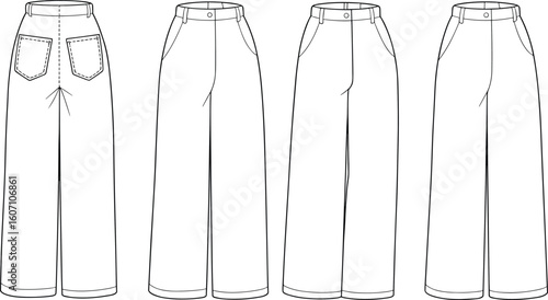 Women’s wide-leg high-waisted pants with back patch pockets – flat vector fashion CAD technical drawing for garment design