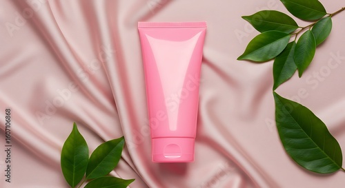 Wallpaper Mural Pink Facial Cleanser Tube on Silky Background with Botanical Accent Torontodigital.ca