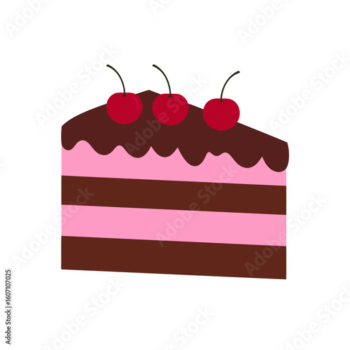 A delicious slice of layered chocolate and pink cream cake, topped with a rich ganache and three bright red cherries.