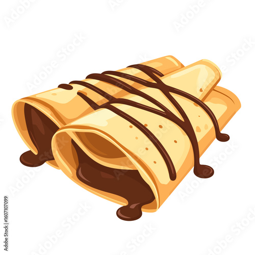 Two sweet rolled crepes filled with melted chocolate and drizzled with rich brown sauce.