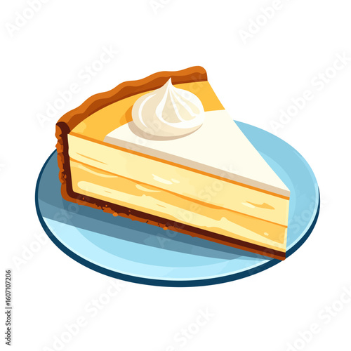 A delectable slice of creamy cheesecake with a graham cracker crust and a swirl of whipped cream, served on a blue plate.