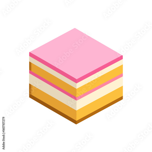Isometric slice of a multi-layered sponge cake with smooth pink frosting.