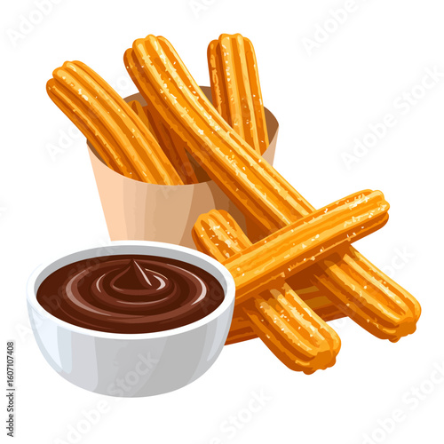 Golden fried churros sprinkled with sugar, served with a rich chocolate dipping sauce.