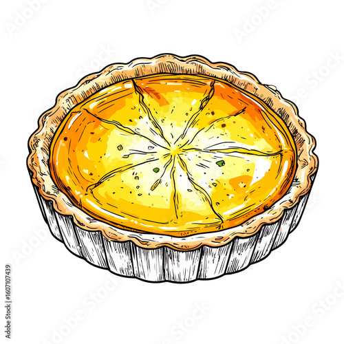 Hand-drawn illustration of a whole savory quiche with a golden egg filling and fluted crust.