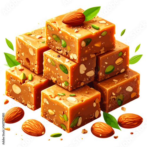 A pyramid stack of nutty fudge squares filled with almonds and pistachios, garnished with a whole almond.