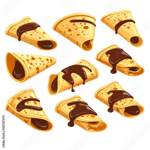 A delicious set of golden rolled and folded crepes filled and drizzled with rich, melted chocolate sauce.