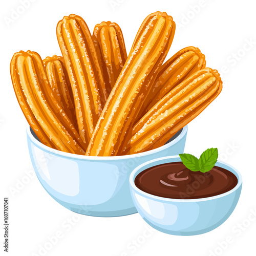 Crispy golden churros with sugar in a light blue bowl, served with a rich chocolate dipping sauce and a mint garnish.