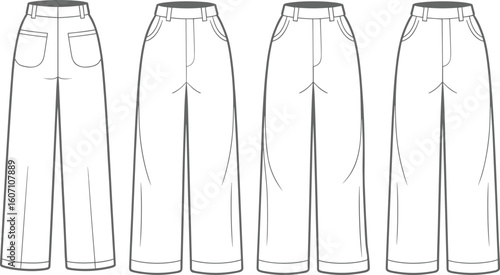 Women’s wide-leg cuffed trousers with pockets – technical flat fashion vector sketch for apparel CAD and garment design