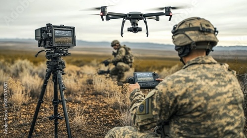 Military personnel operating drone technology in desert landscape aerial surveillance training professional photography outdoor setting tactical perspective