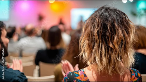 Audience seated and watching presentation during business seminar, modern conference hall, speaker and screen blurred in professional setting, educational environment.