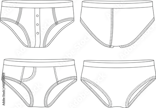 Men’s briefs CAD drawing, technical flat sketch, underwear vector illustration, garment design template, apparel fashion outline for designers