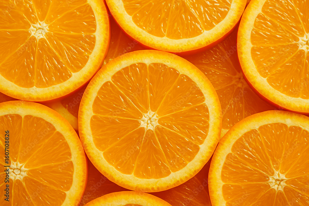 Close-up view of multiple vibrant orange slices arranged in a tight, overlapping pattern Close-up view of multiple vibrant orange slices arranged in a tight, overlapping pattern