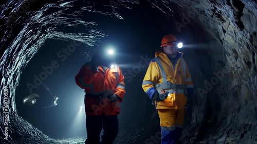 Two miners in an underground tunnel, lit by headlamps