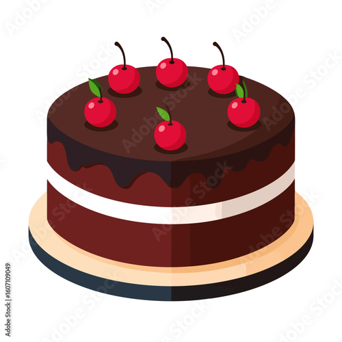 Round chocolate layer cake with white cream filling and six red cherries on top.