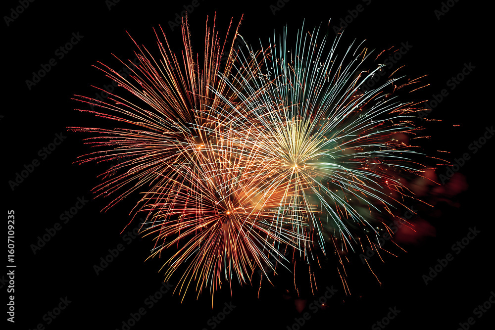 Fototapeta premium Explosive celebration bursts illuminate the night sky with vibrant colors and dazzling light.